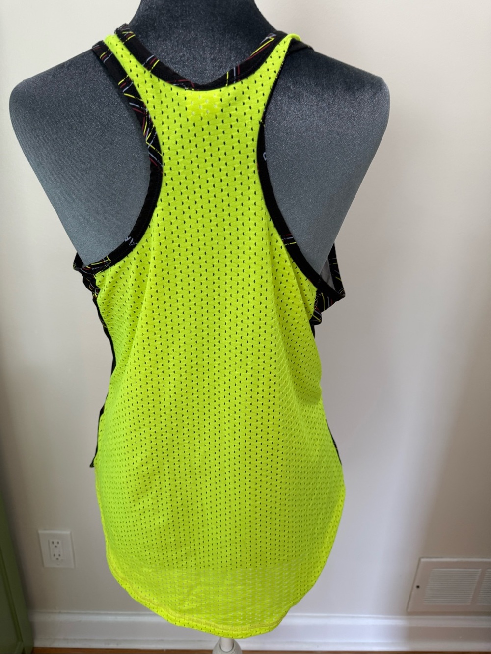 Zumba Fitness Neon Yellow Mesh Top with Black Trim and Multicolor Stripe Detail - Picture 7 of 13